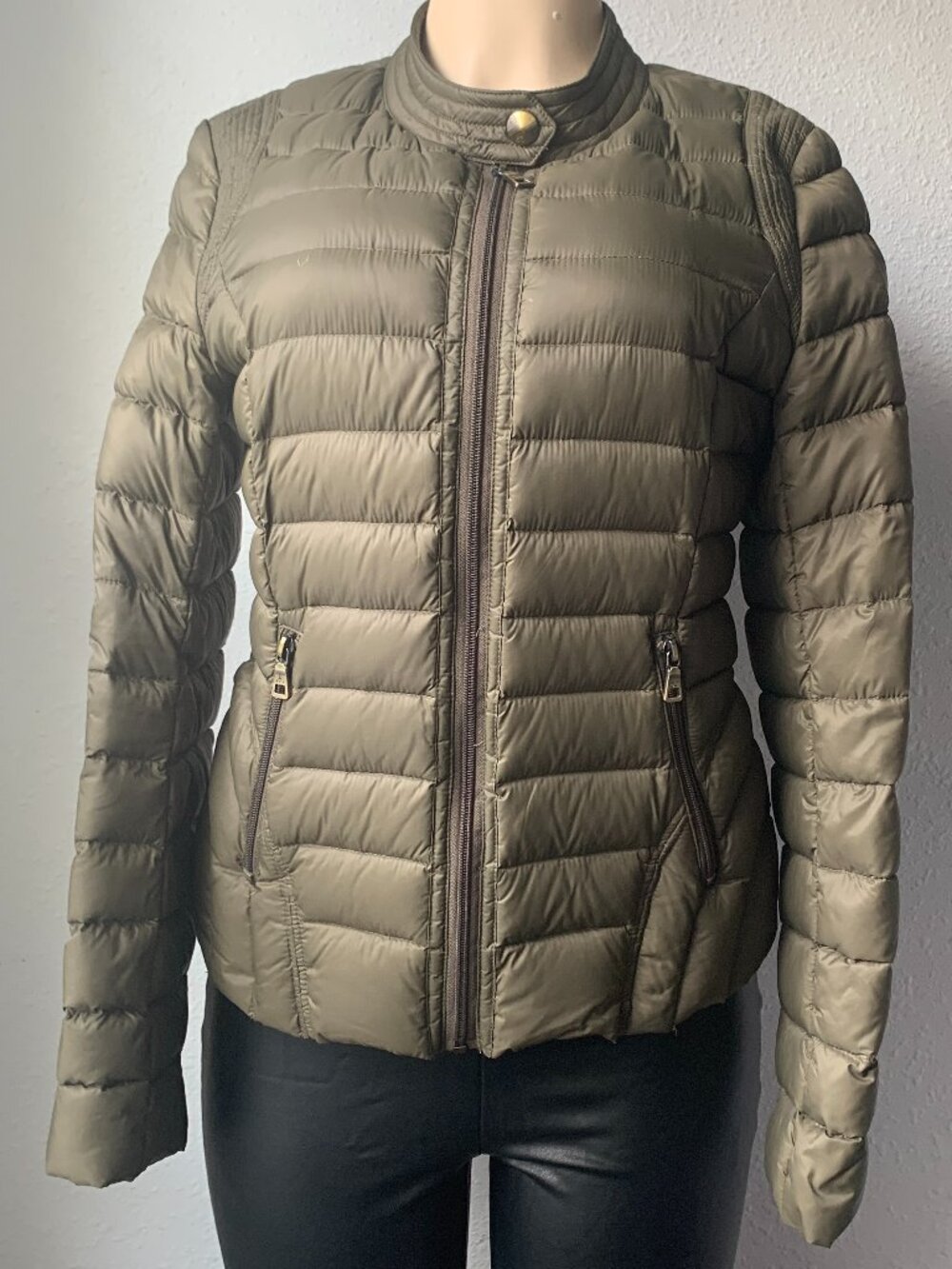 Sam Edelman Packable Down Feather Puffer Jacket Olive Green Full Zip Womens M